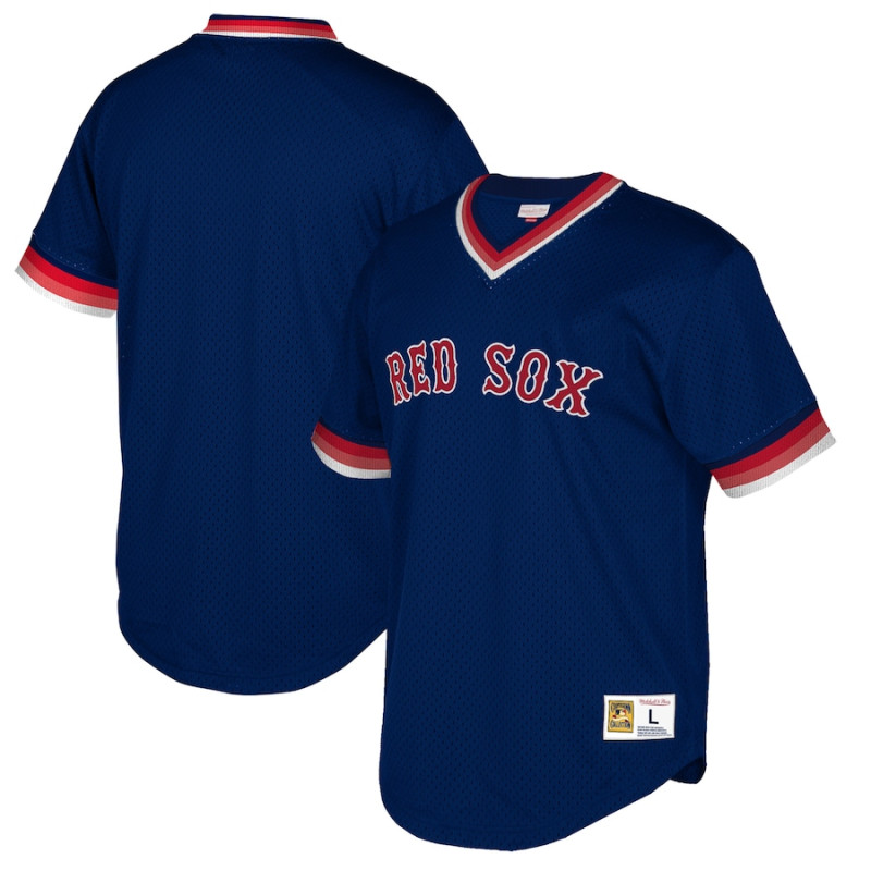 Men's - Boston Red Sox Mitchell & Ness Cooperstown Collection Mesh Wordmark V-Neck Jersey - Navy Men's - Boston Red Sox Mitchell & Ness Cooperstown Collection Mesh Wordmark V-Neck Jersey - Navy